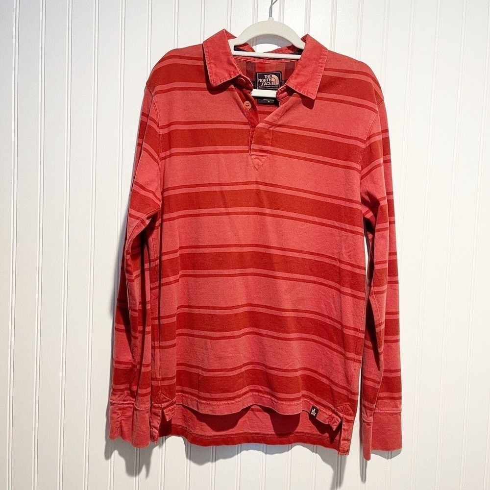 The North Face Red Striped Polo Shirt Long Sleeve Mens Medium